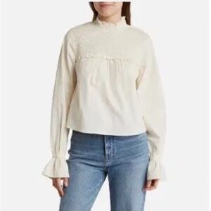 WeWoreWhat NWOT Smocked Neck Poplin Blouse in Whisper White / Ivory
